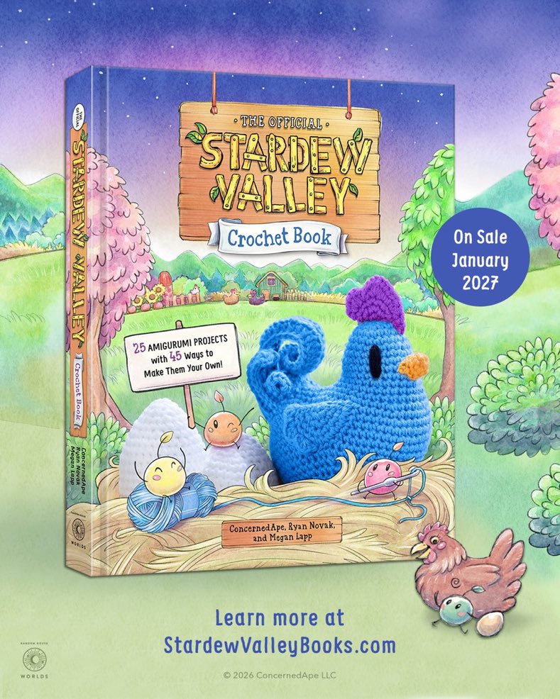 AcervoStardew's tweet photo. O livro oficial de crochê de Stardew Valley chega em janeiro de 2027 e já está disponível para pré-venda. O preço é de US$ 32,00, o que equivale a aproximadamente R$ 164,27, de acordo com a cotação atual. Até o momento, o livro está disponível apenas em inglês. 🧶 https://t.co/raye5UQgTJ