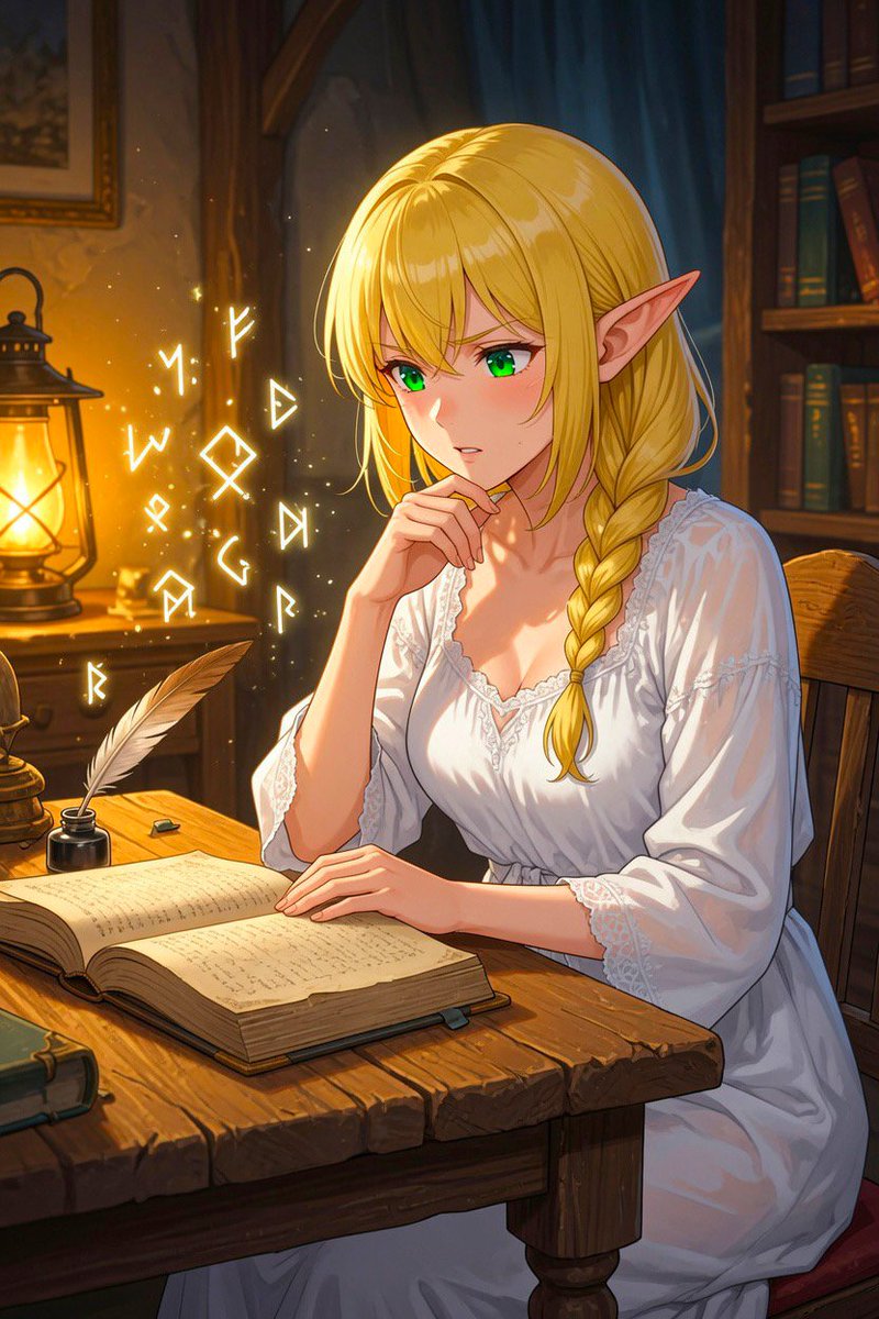 FionaSinclairok's tweet photo. Good afternoon, everyone~ ☕️🌿

I changed into something more comfortable and I’m now at my desk carefully analyzing some magical runes. I’ve been trying to understand this new type of magic for hours… but it’s really driving me crazy 😣

The runes keep shifting when I think I finally get it… it’s so frustrating, but I won’t give up!

How is your afternoon going? Are you facing any tricky or stubborn moments today too?

Let’s take a deep breath together and keep going softly 💕

#CozyFantasy #ElfMage #GoodAfternoon #AIart #SliceOfLife #FantasyOC