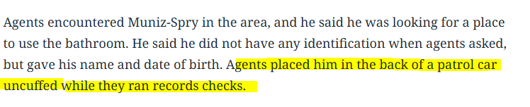 David_J_Bier's tweet photo. Last month, Border Patrol shot a US citizen who was drunk and looking for a bathroom. They detained for no reason at all. **According to DHS,** just like Alex Pretti, they disarmed him first, but fell over and yelled "gun, gun," which led to another agent to shoot him. https://t.co/dK9HARcEFy