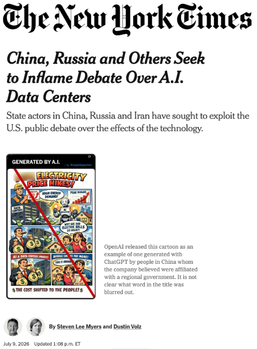 SamLyman33's tweet photo. NEW: The New York Times reports that "China, Russia and, to a lesser extent, Iran have sought to use state media outlets to turn the controversy over data centers in the United States into 'a domestic fracture point.'"

Between Jan. and June, state media from these 3 countries mentioned data centers 700 times.

The NYT report cites BPI's research and highlights the work of Chinese propagandists and "covert Russian information operations" to foment anger against data centers.