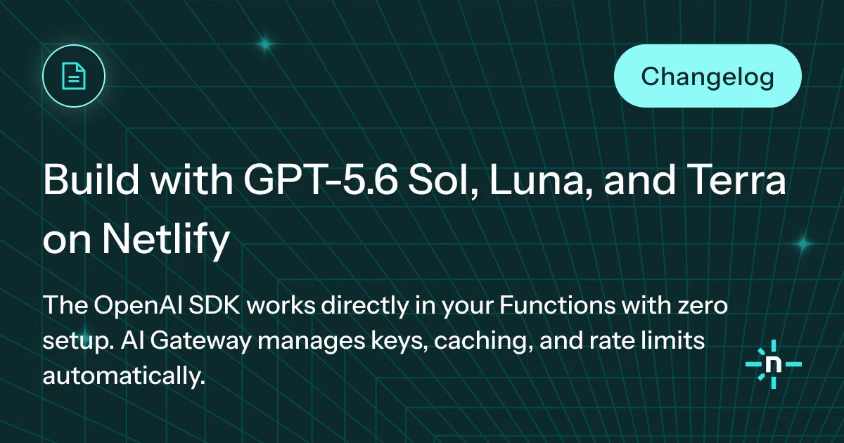 Graphic promoting a Netlify changelog titled “Build with GPT-5.6 Sol, Luna, and Terra on Netlify.” The subheading reads, “The OpenAI SDK works directly in your Functions with zero setup. AI Gateway manages keys, caching, and rate limits automatically.” The design features a dark teal perspective grid with subtle glowing accents, a “Changelog” badge in the upper-right corner, and Netlify-style branding elements.