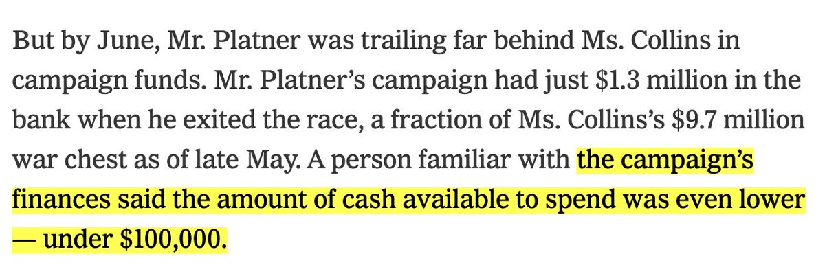 StatisticUrban's tweet photo. The Platner campaign really was completely broke even before this all happened. They about 1/8th of Collins's war chest, with extremely little liquidity. https://t.co/fLi9iheU0n