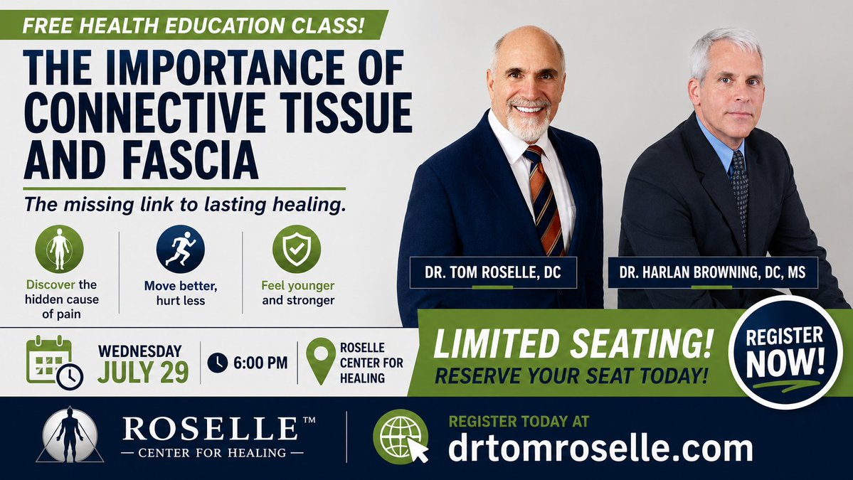 drtomroselledc's tweet photo. FREE HEALTH CLASS: The Importance of Connective Tissue and Fascia

What if the real source of your pain isn’t your joints or muscles—but your connective tissue and fascia? 

Don’t miss this FREE health class that could change the way you think about your pain and healing.

Join Dr. Tom Roselle, DC, and Dr. Harlan Browning, MS, DC at the Roselle Center for Healing and discover breakthrough solutions to help you move better, hurt less, and feel younger.

-Wednesday, July 29
-6:00 PM
-Roselle Center for Healing

SPACE is LIMITED, and this event is expected to fill quickly. Register today at https://t.co/MnKOu5lPy6

#DrTomRoselle #RoselleCenterForHealing #fascia #HealthyAging #ChiropracticCare #Wellness #HealthEducation #fascia