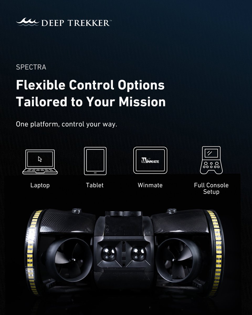 deeptrekker's tweet photo. SPECTRA's processing power lives in the vehicle, run it from a laptop, tablet, Winmate, or full console.

One platform, control your way.

Explore flexible options: 

#DeepTrekker #ROV #SPECTRA https://t.co/FqL7o6Ggan