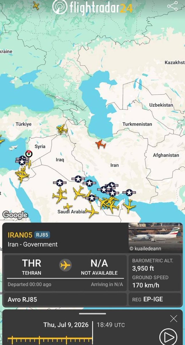 MarioNawfal's tweet photo. 🇮🇷 Iran's Foreign Minister Araghchi just left Tehran. Destination unknown.

Senior diplomat boarding a plane in the middle of unconfirmed strikes and denied explosions.

Either he's heading to emergency negotiations.
Or he's getting out of the way.

Source: Flightradar24 via Fotros Resistance on TG / Writer: Oliver
