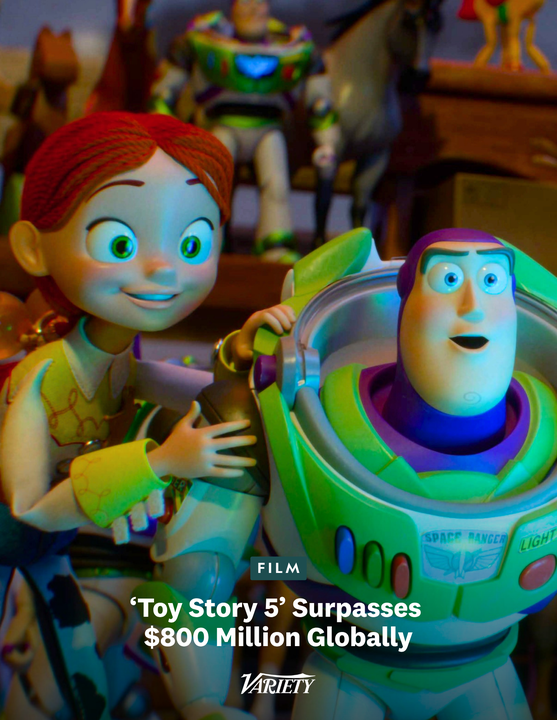 Variety's tweet photo. “Toy Story 5” has surpassed $800 million in global ticket sales. 

At this pace, “Toy Story 5” is primed to pass $1 billion and should  eventually overtake 2019’s “Toy Story 4” ($1.07 billion) as the  highest-grossing installment in Disney and Pixar’s beloved animated  franchise.

https://t.co/r7Ur0Eo5gT
