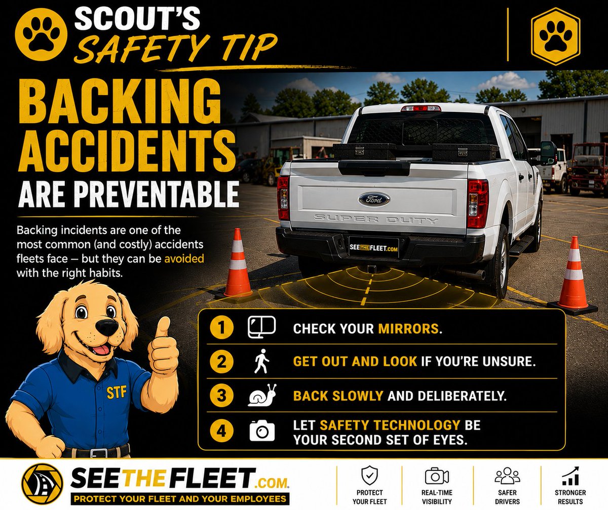 seethefleet's tweet photo. 🏕️ Scout's Safety Tip
Backing accidents are preventable.
Good habits matter—and so does visibility.
See the Fleet installs professional backup camera systems to help drivers see more while backing and improve fleet safety.
📞 (877) 720-3492
#FleetSafety #BackupCamera #SeeTheFleet https://t.co/HcjBETItIE