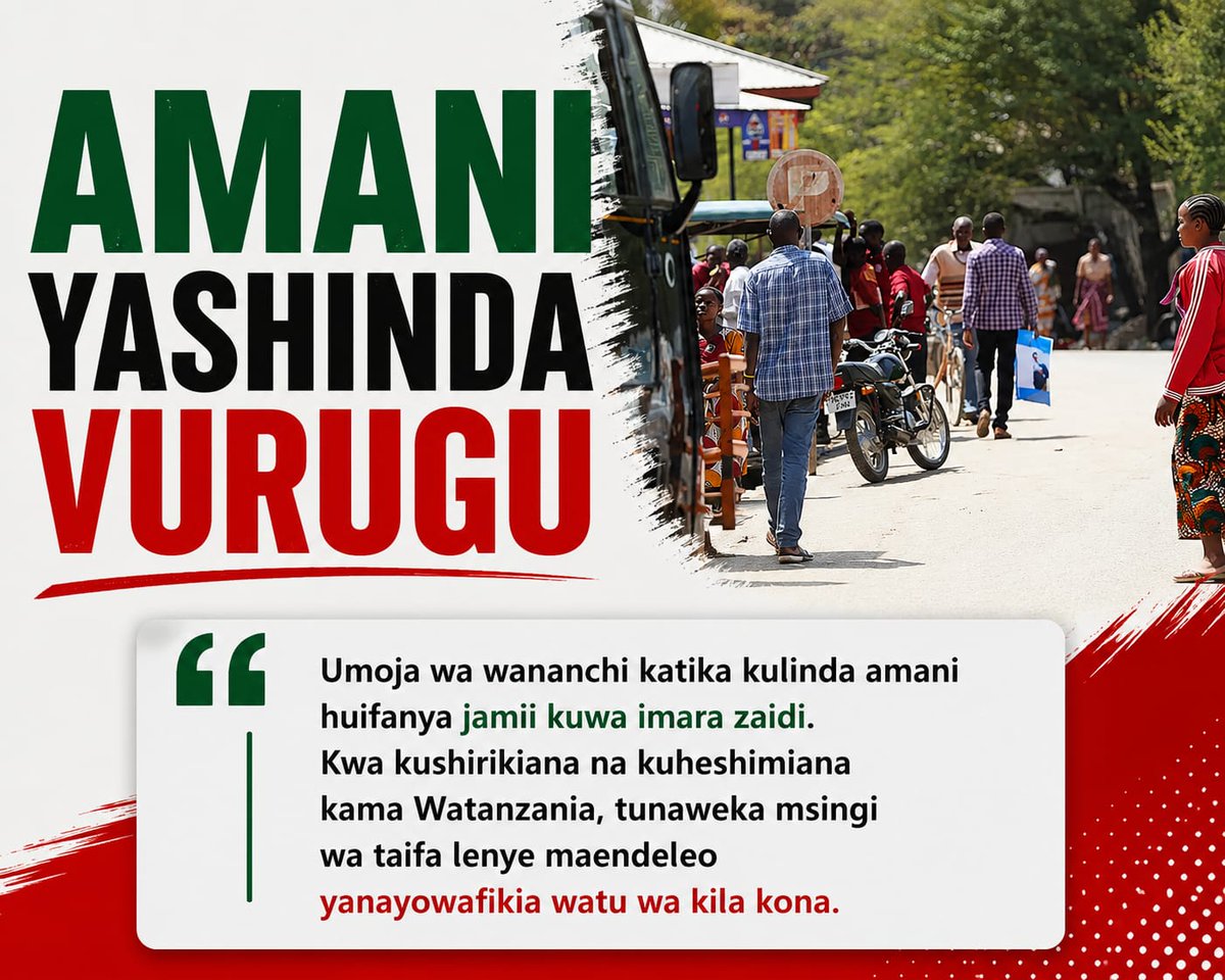 jakadhai's tweet photo. A peaceful nation unlocks the potential of its people, creating opportunities for every citizen to contribute to a stronger and more prosperous future. #AmaniYashindaVurugu #TumekataaHarakatiZaVurugu Mustakabali Bila Machafuko https://t.co/WBqULEDlas