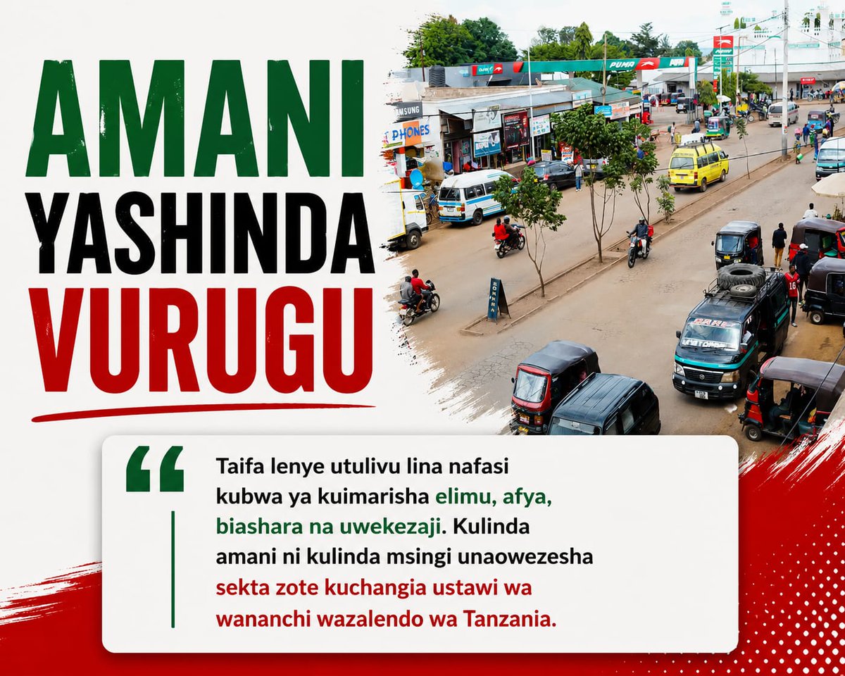 jakadhai's tweet photo. A peaceful nation unlocks the potential of its people, creating opportunities for every citizen to contribute to a stronger and more prosperous future. #AmaniYashindaVurugu #TumekataaHarakatiZaVurugu Mustakabali Bila Machafuko https://t.co/WBqULEDlas
