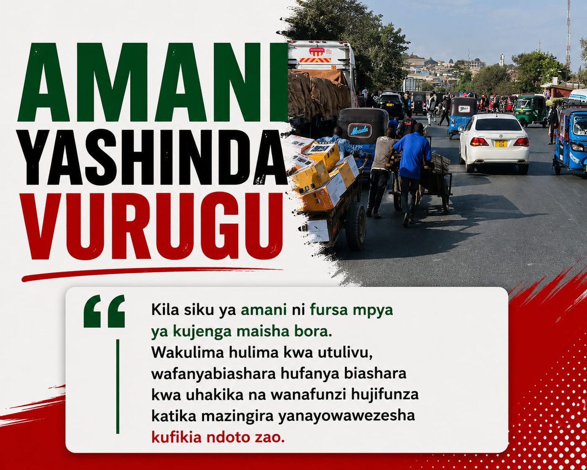 jakadhai's tweet photo. A peaceful nation unlocks the potential of its people, creating opportunities for every citizen to contribute to a stronger and more prosperous future. #AmaniYashindaVurugu #TumekataaHarakatiZaVurugu Mustakabali Bila Machafuko https://t.co/WBqULEDlas