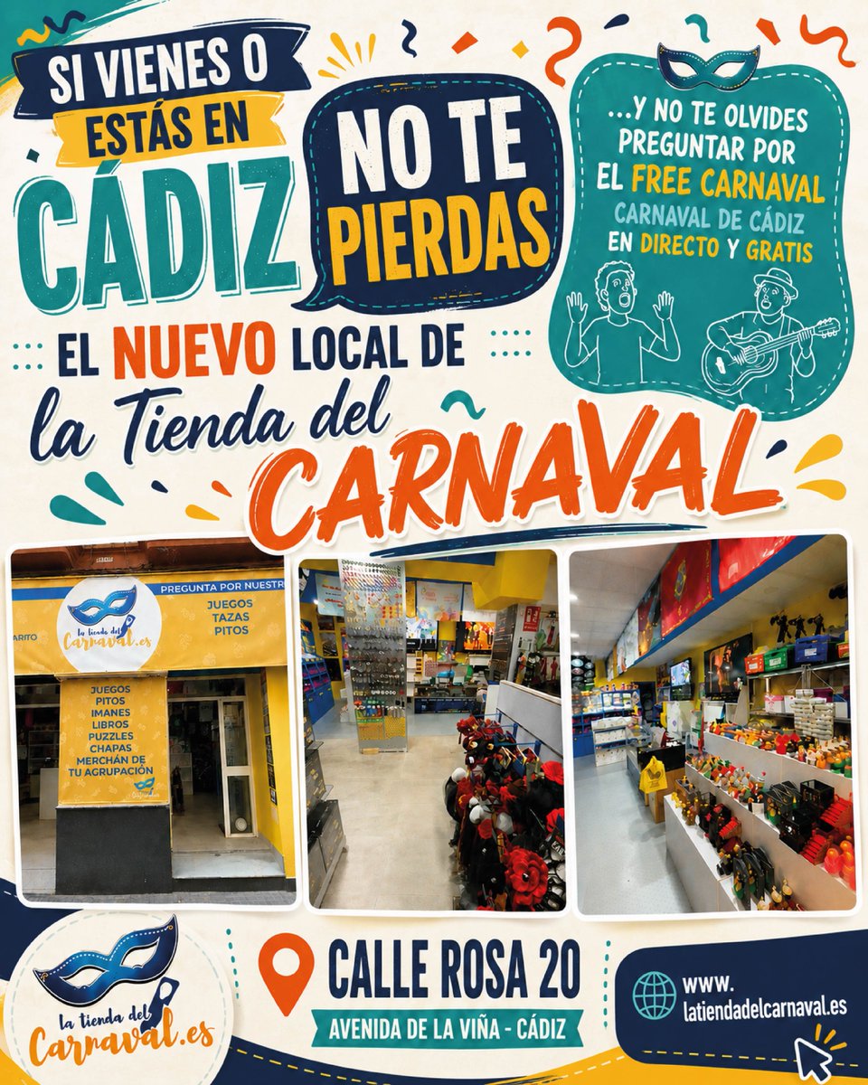 Localdeensayojm's tweet photo. 🎭 ¿Vienes o estás en #Cádiz?

No te pierdas el nuevo local de #latiendadelcarnaval. Más espacio, más productos y todo el espíritu del #carnavaldecadiz. Y pregunta por el FREE CARNAVAL y disfrútalo en directo y gratis.

🌐 https://t.co/LEcP79TklI
📍 Calle Rosa 20, AV de La Viña https://t.co/xxM1PkFzQh