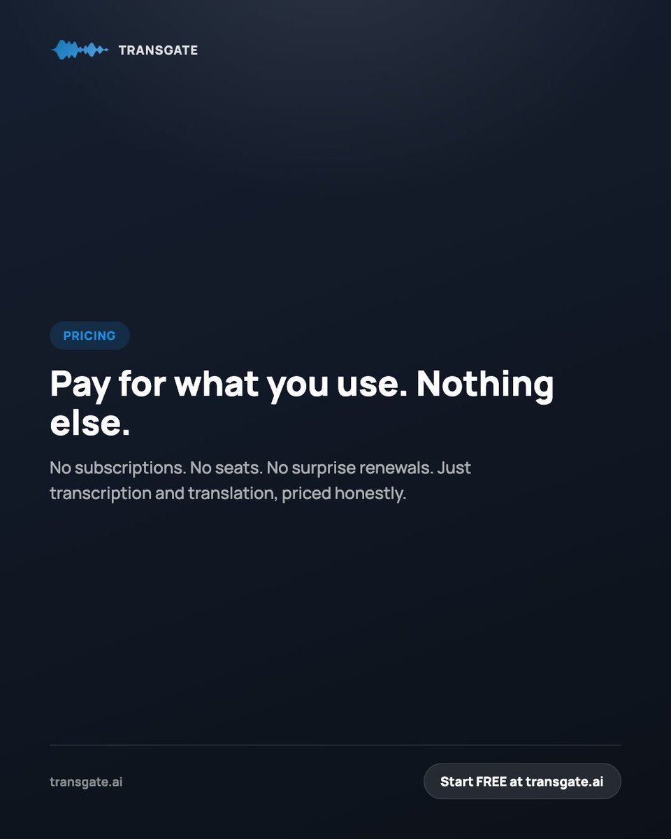 TransgateAI's tweet photo. Why pay for a subscription if you only need transcription once in a while?

✅ Pay only for what you use
✅ No subscriptions
✅ Fast AI transcription
✅ 50+ languages
Start free today 👉 https://t.co/MwFZChXhzp

#AI #SpeechToText #Transcription #Translation #SaaS #Productivity https://t.co/nSDFw2RxrT