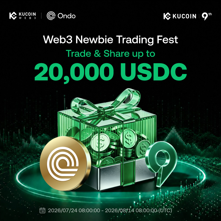 KuCoin_Web3's tweet photo. 🎉 KuCoin 9th Anniversary: Web3 Newbie Fest

🏆 Up to 20,000 $USDC Prize Pool
🗓 2026/07/24 08:00 - 2026/08/14 08:00 UTC

To Enter
1️⃣ Follow @KuCoin_Web3 & @Ondo
2️⃣ Like + RT + Drop ur KuCoin wallet BSC address
3️⃣ Join 👉  https://t.co/IMsT4mzcRm

Learn More: https://t.co/pbZ0AFFjzV
#KuCoin9th #KuCoin9thAnniversaryTradingCompetition
