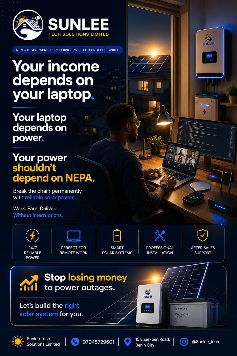 Sunlee_tech's tweet photo. Before solar:
Revenue: ₦150,000 | Fuel: ₦120,000 | Profit: ₦30,000 😔

After solar:
Revenue: ₦150,000 | Fuel: ₦0 | Profit: ₦150,000 ☀️

Same business. Same hustle.
One right decision changed everything.

Comment 'CALCULATE' — we'll run your numbers. https://t.co/XBULnp4EEy