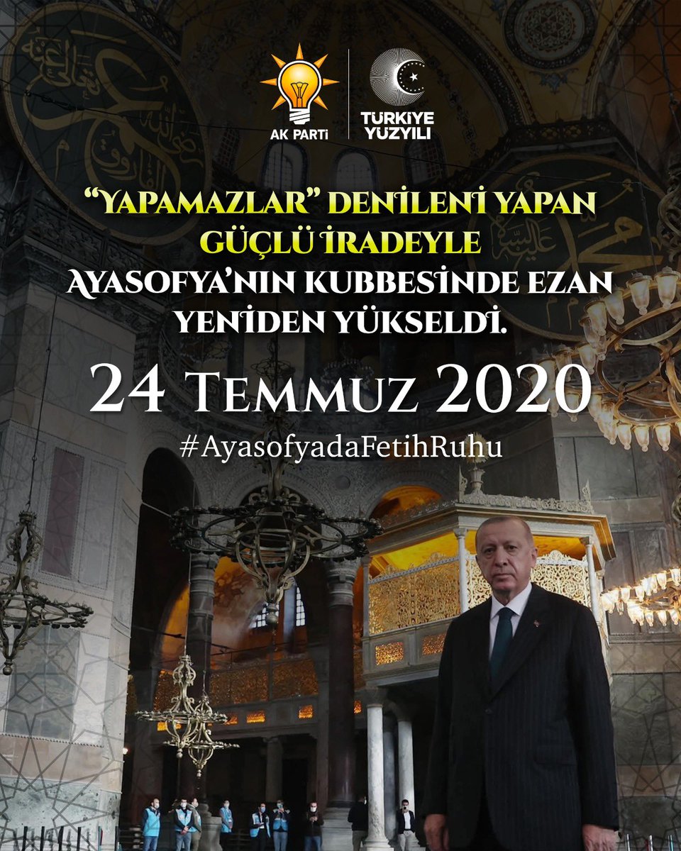 mehmeticelli35's tweet photo. Zincirler kırıldı, Ayasofya yeniden asli kimliğine kavuştu.

86 yıllık özlem, Cumhurbaşkanımız Sayın Recep Tayyip Erdoğan’ın güçlü iradesiyle son buldu.
Fetih ruhunun simgesi Ayasofya, yeniden ezan sesleri ve secdelerle buluştu.

#AyasofyadaFetihRuhu https://t.co/GnD40OQdhQ