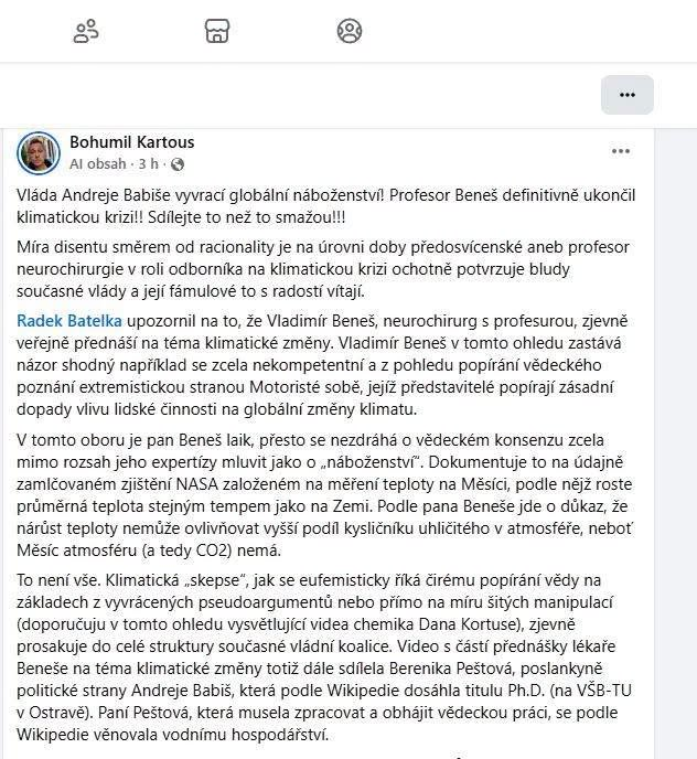 GeGvendy's tweet photo. Vemte si popcorn a pojdte si sednout do první řady.
Tělocvikář Kartouz si vzal na paškál neurochirurga profesora Beneše, krzevá videa o CO2 na Měsíci (viz níže). Beneš tam nejenže (mrk mrk) naznačuje, že s tím globálním oteplováním a  CO2 je to ňáký celý divný. ALE! On tam ještě prohlásí, že nám všichni lžou! 

Jak jako lžou? Že by nám naše instituce neříkaly pravdu? "Tohle v novinách nebude...," varuje chmurně profesor Beneš a vy přemýšlíte, kde jste zapomněli aluminiovou čepičku.
Ano, přátelé, profesor Beneš to má nahnutý. Tady soudruh Kartouz se na něj moc, moc hněvá.  Nic bych za to nedala, že bude viset. Samozřejmě na nástěnce - hned vedle Berana.
Zpochybnil totiž vědecký konsensus ohledně globálního oteplování a to pravověrní soudruzi nesmí.  Je celkem jedno, kolik CO2 je na Měsíci a jak moc se tento otepluje. Ten graf i celá jeho teorie  může být  blbost, ale to ted neřešme. Důležité je, že tady profesor zpochybňuje doktrínu. On věří, že média nám neříkají pravdu. Cože? Mluví o globálním oteplování jako o náboženství. Cože? Není on náhodou taky  plochozemec?
Dřív si každý o teplotě na Měsíci mohl myslet, co chtěl. A třeba se i plést.  Ale v nové době už se tyto chyby netolerují. Důležité je nepochybovat. Od toho jsou zde politruci jako tady Bob.
A jak jistě víte - v takových vypjatých chvílích, kdy je třeba ukázat lidu správný směr, na titulech nesejde. Tady si na nějakou neurochirurgii a na profesory nehrajeme. Tělocvikář Kartouz to Benešovi vysvětlí stejně rychle, jako Ludva Strakatému.  Tady nejde o co2, ale o věrnost (té správné) straně.
Ale po pravdě - i pro soudruhy musí být vystoupení pana profesora překvapivé. V době covidu, což bylo medicínské téma,  totiž nejevil žádné známky hereze. V otázce očkování  zastává  schválené postoje a nezaváhá ani chvíli, když je třeba vysvetlit, že vakcinyzachranilymilionyživotů.  Žádné obavy, že by nám v novinách o spásnosti covidových vakcín cokoliv tajili, pan profesror dosud nedával najevo.  Ostatně byl to právě pan profesor Beneš, jenž ve vysílání ČéTé proslul památnou větou:  "A jaký je v tom rozdíl?" To když se u novináře Kaisera dožadoval odpovědi na otázku, jaký je rozdíl mezi covidovými a klasickými vakcínami.  
Samozřejmě že žádný! Všechny jsou řádně otestované. Důvěřujte institucím. A ted tohle! 

Soudruzi, nevypadá to dobře. Pokud jde o ten oxid uhličitý a teplotu  na Měsíci - to se brzy vysvětli, ale boj o konsensus ochabuje. Vstanou noví dezolati. S tituly.