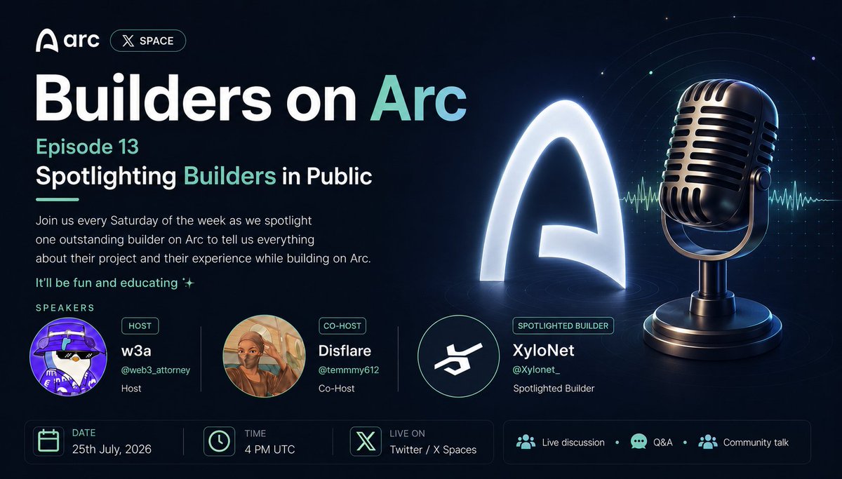 web3_attorney's tweet photo. Another episode of “Builders on Arc” X spaces is Tomorrow and our Spotlighted Builder for this Episode is the @Xylonet_ Team 🎊 🔥 (set reminder below 🛎)

Join me and @temmmy612 as always tomorrow as we host the team building Xylonet,  a social-first liquidity and payments layer on @arc enabling identity based payments, swapping, and bridging with seamless onboarding.

This episode is a return Episode for Xylonet, where we will talk mostly about the new things that has been shipped into the ecosystem and the new other updates that are still coming.

We will be honoured with the presence of @Panchu2605 and @CarbzXBT who are co-founders of Xylonet.

We know you all have many questions for this great team because you've used their apps, so we are bringing them again!
Come with your questons, suggestions, support and vibes as always.

Date: 25th July, 2026 ( Tomorrow )
Time: 4 PM UTC, 5 PM WAT

Set reminder here: https://t.co/DDZmTQFD7v