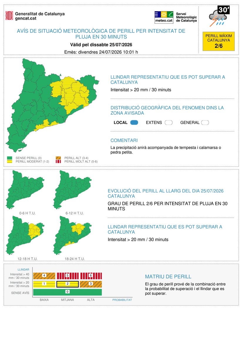 meteocat's tweet photo. ⚠ El Servei Meteorològic de Catalunya emet avís de situació meteorològica de perill (#avisosSMP) per intensitat de pluja ⚠

📅 De dissabte a les 14 h a diumenge a les 8 h
🌧 Possibilitat de precipitació > 20 mm / 30 minuts
🟡 Grau de perill màxim: 2/6

Hora local (h) = TU +2 https://t.co/hLr3KUZju9