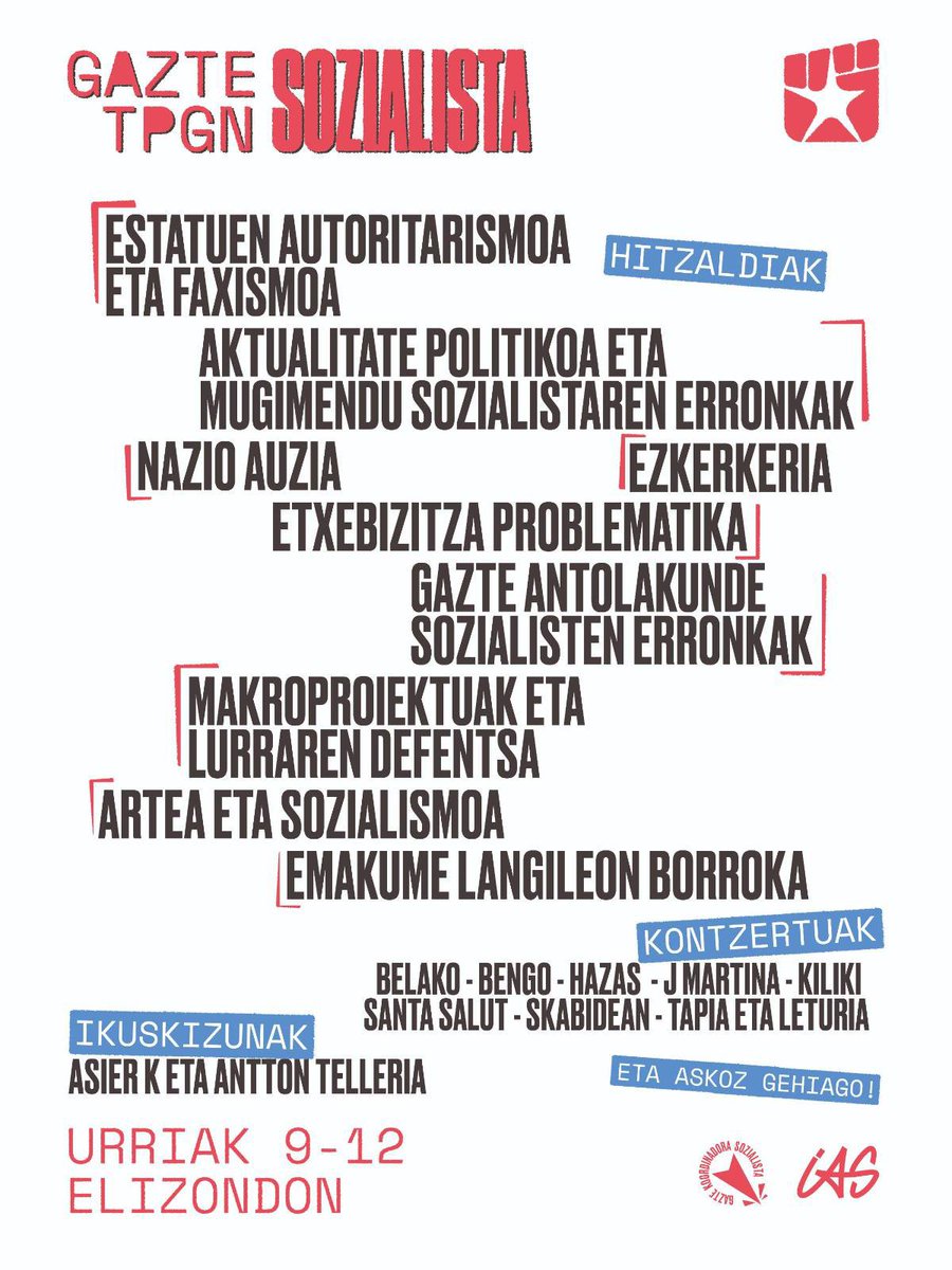 GKSozialista's tweet photo. 💥AURRERAPENA

Gazte Topagune Sozialistan izango dugun egitarau oparoaren aurrerapen txikia, hemen.

Sarrerak, dagoeneko eskuragarri https://t.co/kgdvdiQhxp helbidean! https://t.co/lyh9h4h4RR