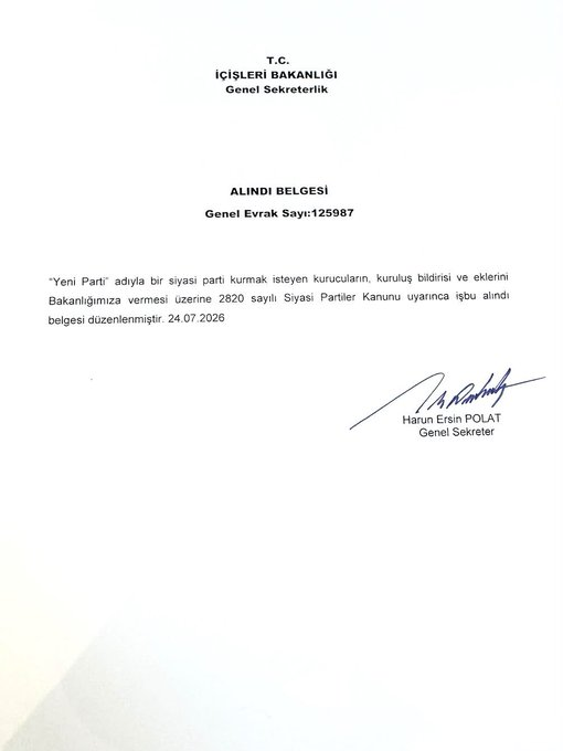 etkiIihabery's tweet photo. SON DAKİKA | Yeni Parti, resmen kuruldu.

İçişleri Bakanlığı, Yeni Parti'ye alındı belgesi düzenledi. https://t.co/92msTvrVkH