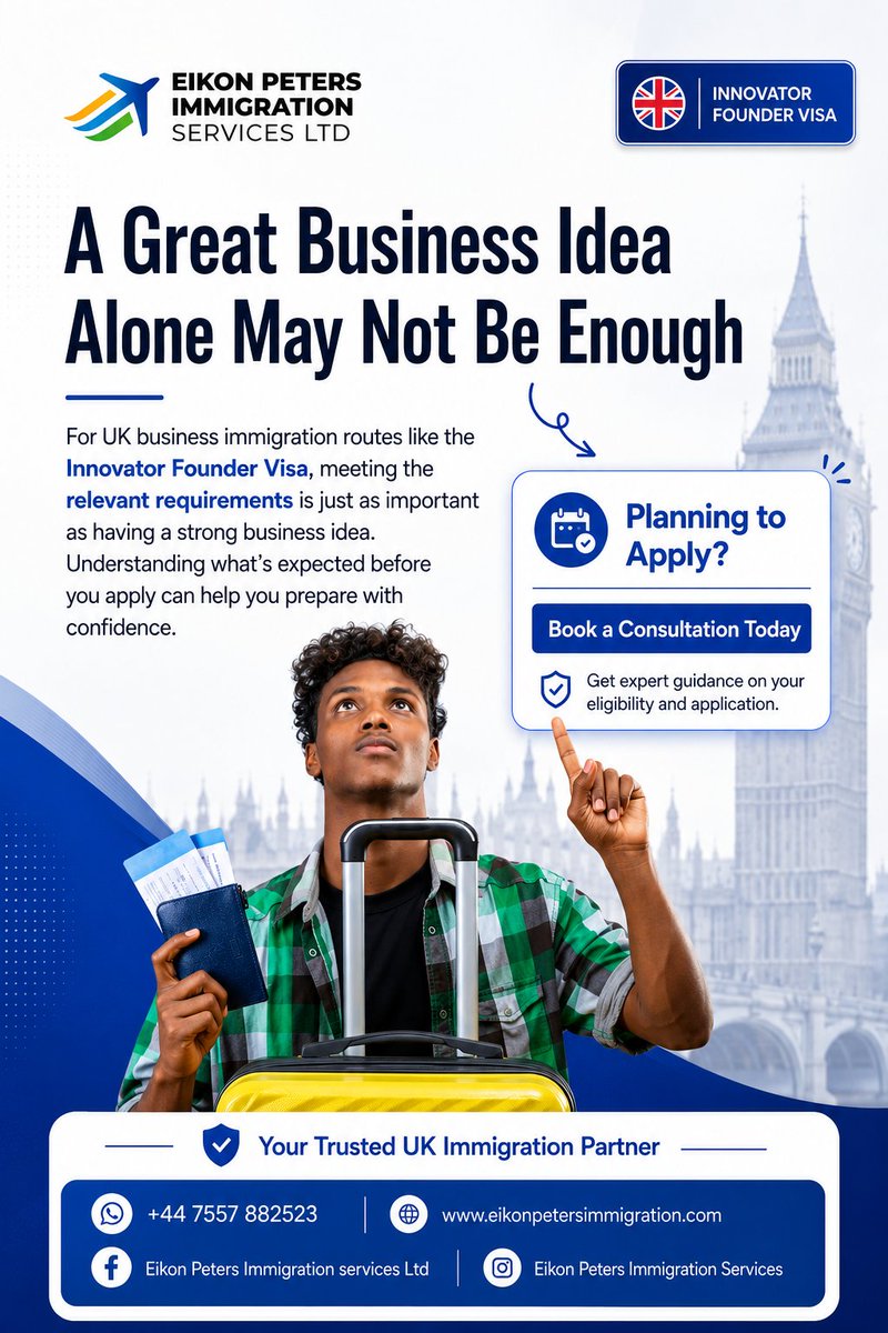 EikonPeters's tweet photo. A great idea is only the beginning. The right guidance can make all the difference.
Book your consultation today.
📞 +44 7557 882523
🌐 https://t.co/NzKZF7OSxF
#UKImmigration #InnovatorFounderVisa #BusinessImmigration #UKVisa #Entrepreneurs #EikonPeters #ImmigrationServices https://t.co/3hUF9QmEIq