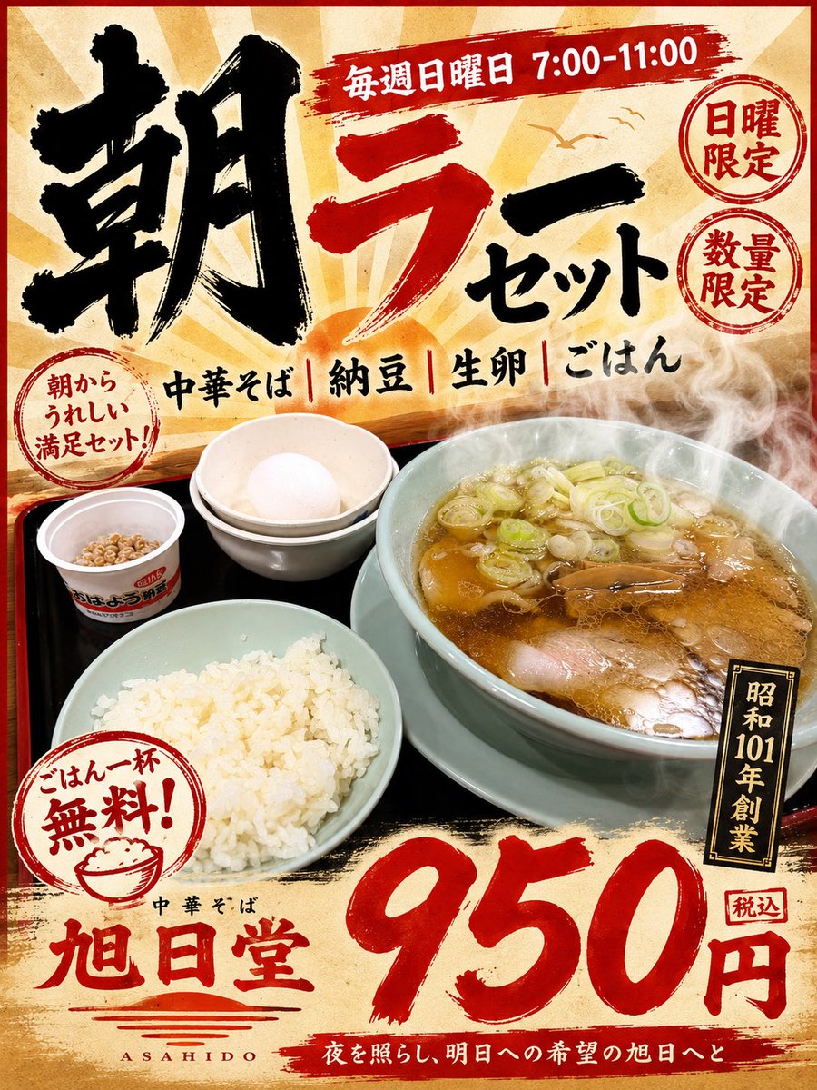 hituketouzoku's tweet photo. 旭日堂にて、昨夜ご来店されたお母様2人組に「美味しかったので今度子供を連れてきても良いですか？」と。

もちろんです！✨🍜

お酒ありきのお店と思われていたようですが、あくまでも旭日堂は〝大衆ラーメン食堂〟です。お気軽にお越しください。

毎週日曜日、950円朝ラーセットも人気です！ https://t.co/O8UDaVzGwm