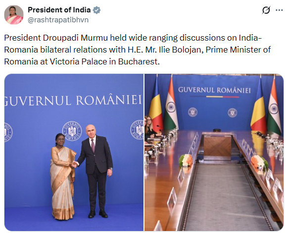 univartaindia1's tweet photo. राष्ट्रपति द्रौपदी मुर्मु ने रोमानिया की राजधानी बुखारेस्ट स्थित विक्टोरिया पैलेस में रोमानिया के प्रधानमंत्री इलिये बोलोजान के साथ भारत-रोमानिया द्विपक्षीय संबंधों पर व्यापक चर्चा की।
@rashtrapatibhvn | #PresidentMurmu | #DroupadiMurmu | #Romania | #IlieBolojan | #Bucharest | #IndiaRomania | #UNI | #UNIVarta