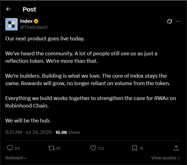 ProMint_X's tweet photo. First crypto project supported by Robinhood?

@TheIndexFi are teasing a huge announcement today.

Before this, they tagged @vladtenev and @RobinhoodApp.

They’ve mentioned a big announcement several times now.

Plus, the team got backed by @WallStreetAlfa and @wallstreetbets.

Is this a hint at a fundraiser by Robinhood or some kind of integration?