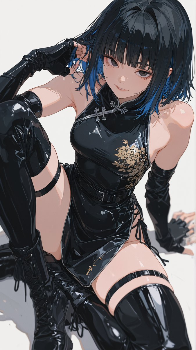 tentaclee1011's tweet photo. 【衣装プロンプト公開】

水着感のあるブチャイナドレスを主役にした、大人クールなスタイル。
ニーハイが存在感を引き立てるセクシーモードコーデです✨

▼衣装プロンプト
shiny black solid  swimsuit fabric chinese dress, sleeveless, form-fitting, silver metallic trim, high side slits, black metallic thigh straps, black thigh-high stockings, black lace-up combat boots, black metallic arm warmers, black fingerless gloves, black waist belt with metallic pouches,