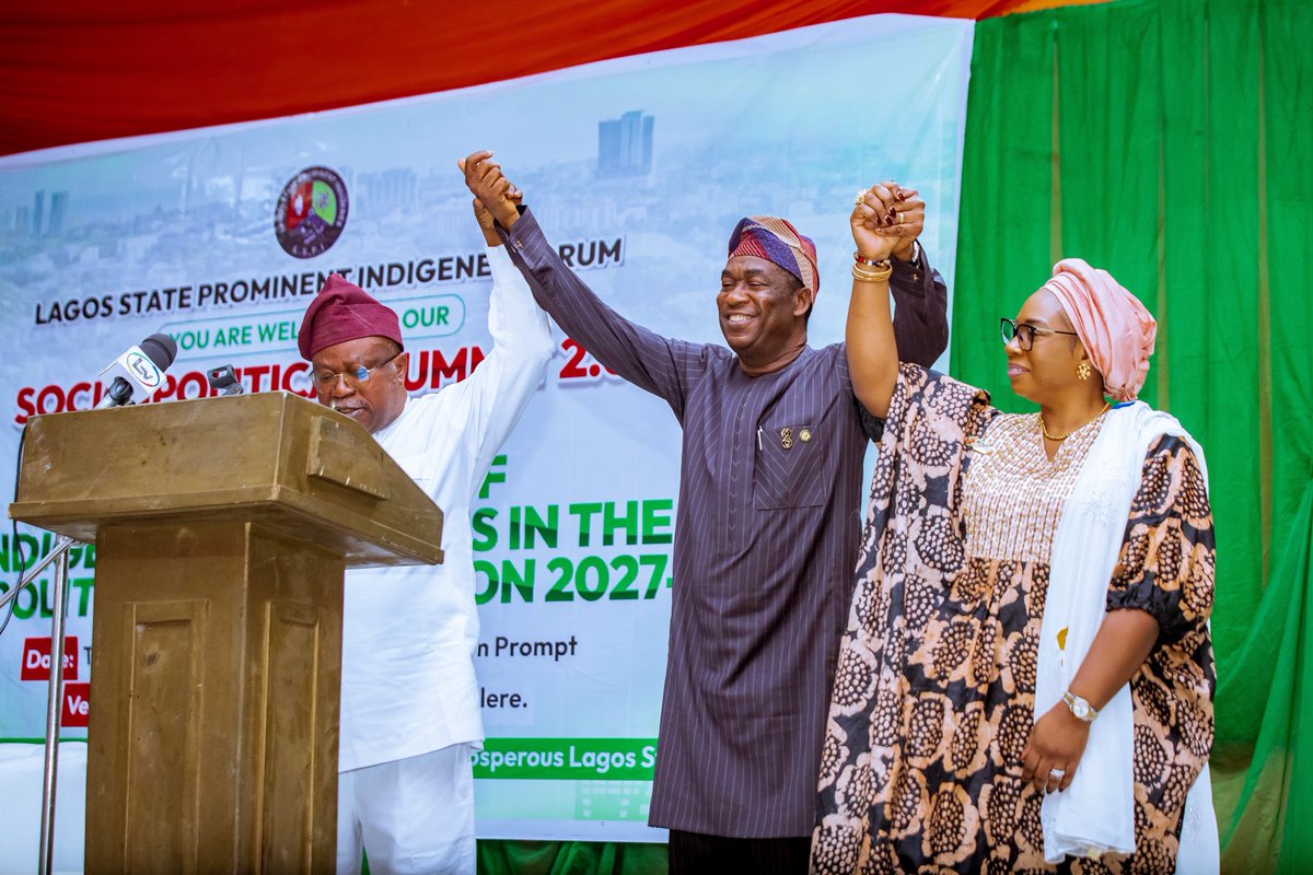 JamesSonayon's tweet photo. It was a pleasure to join our governorship candidate, Dr Kadri Obafemi Hamzat; party leaders; and other stakeholders at the Lagos State Prominent Indigenes Forum Socio-Political Summit 2.0.

The summit underscored our commitment to the enduring values and shared heritage that have made our state a model of excellence and progress.

I commend the leadership of the Forum for providing the platform for valuable engagement and robust conversation on the future of Lagos.