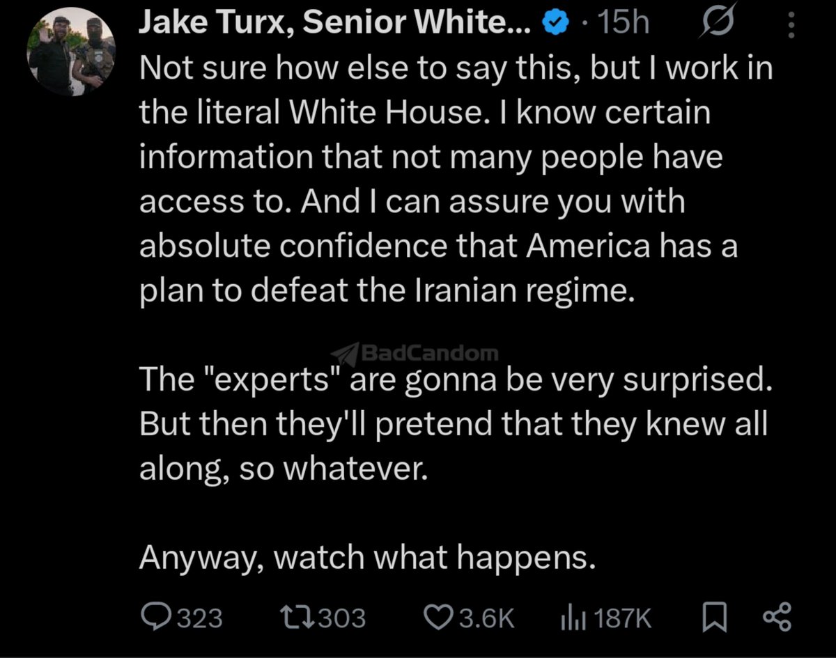 SAVAK071's tweet photo. 🔴 مجری شبکه CBS:

واقعا نمی‌دونم دیگه چطوری بگم، اما من توی کاخ سفید کار میکنم و اطلاعات خاصی دارم که افراد زیادی بهش دسترسی ندارن.
با اطمینان کامل میتونم بهتون بگم که آمریکا برنامه‌ای ویژه برای شکست و نابودی رژیمِ جمهوری اسلامی در ایران داره.
تحلیلگرا از این اتفاق شگفت زده میشن اما بعدش وانمود میکنن که این موضوع رو میدونستن.
خلاصه، ببینید چه اتفاقی میفته!