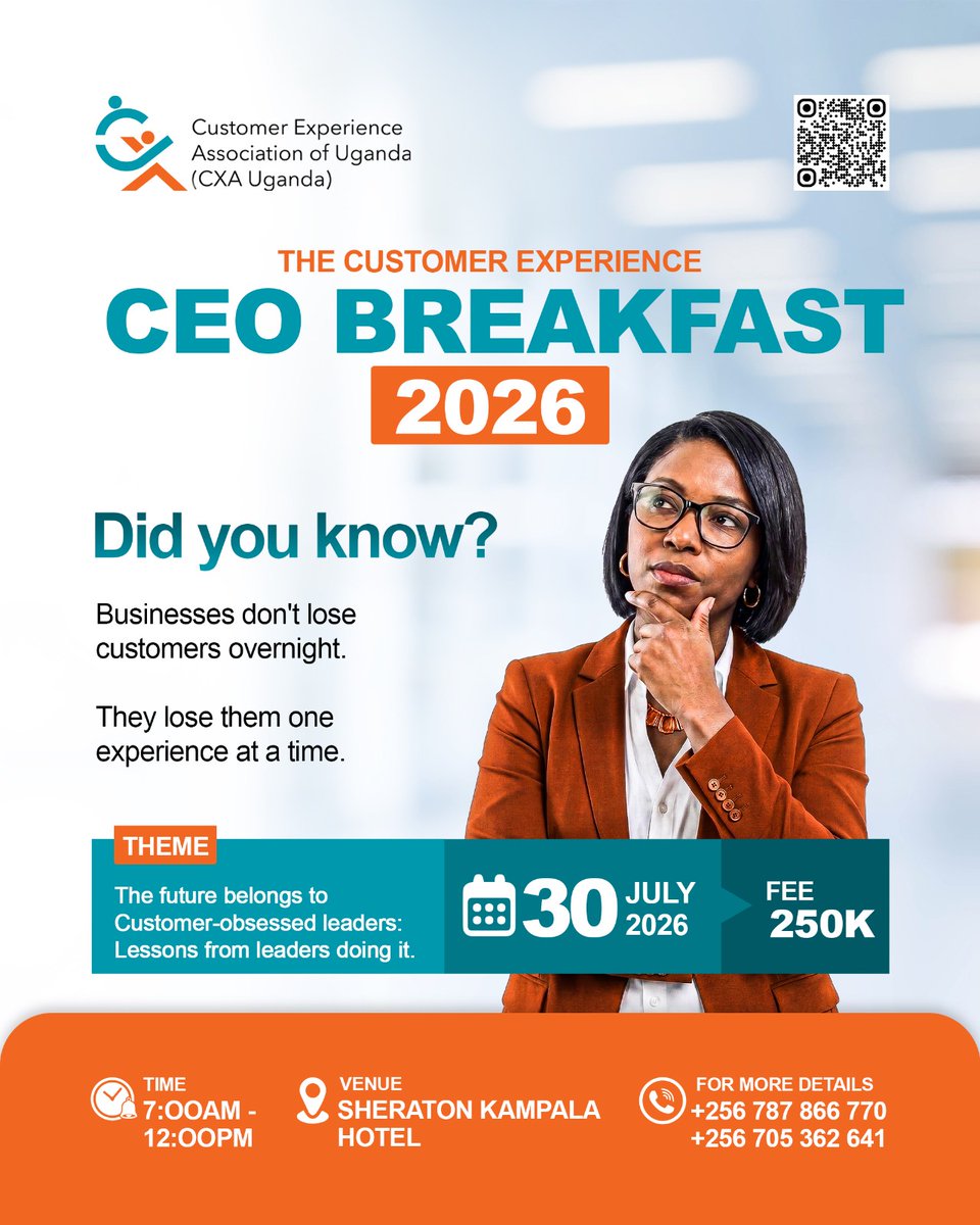 cxauganda's tweet photo. The leaks in your business aren’t on the report.
They’re in the small moments. 
Customer Experience CEO Breakfast
30 July | Sheraton Kampala | UGX 250K
Book now: https://t.co/DYe8njHhjf
#CXCEOBreakfast2026 https://t.co/15hA9L7LQ4