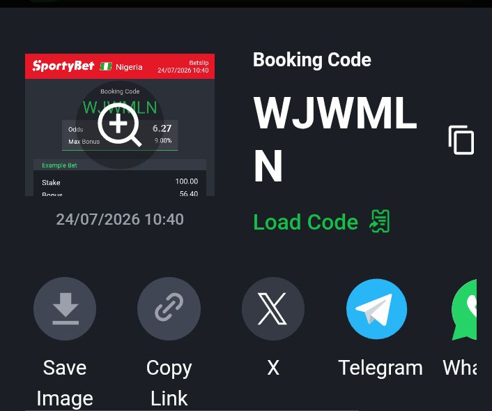 Alfredotipz0100's tweet photo. Load your SportyBet slip this weekend and boom

Booking code ➡️WJWMLN https://t.co/9Uc845zl4m