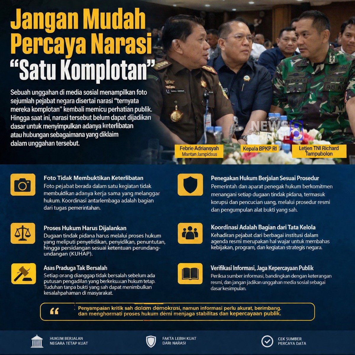 mahmoudhandouk2's tweet photo. @indepenSumatera Koordinasi antarpejabat dan antarlembaga merupakan bagian dari tata kelola pemerintahan. Jangan langsung mengaitkan sebuah pertemuan dengan dugaan tindak pidana tanpa bukti yg terverifikasi.

#BijakBermediaSosial
#PradugaTakBersalah
#FaktaBukanAsumsi
#CekFakta
#LawanDisinformasi https://t.co/72x0rXhfsh