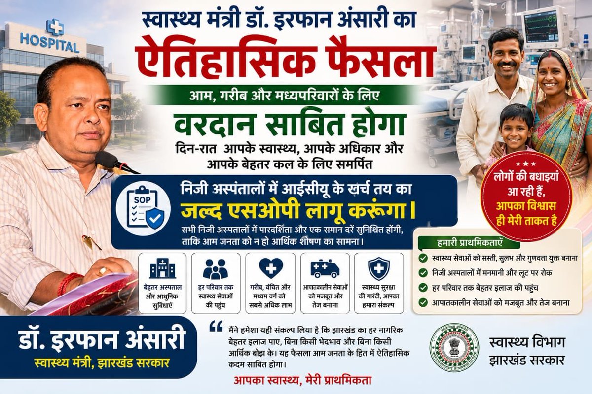 IrfanAnsariMLA's tweet photo. निजी अस्पतालों की मनमानी पर लगेगी लगाम!

निजी अस्पताल अब मनमानी दरों पर इलाज का शुल्क नहीं वसूल पाएंगे। मरीजों के हितों की रक्षा के लिए आईसीयू सहित विभिन्न उपचारों की दरों को लेकर जल्द ही एसओपी (Standard Operating Procedure) लागू की जाएगी।

यह निर्णय आम गरीब और मध्यमवर्गीय परिवारों के लिए बड़ी राहत और वरदान साबित होगा। हमारा उद्देश्य है कि हर मरीज को पारदर्शी, सुलभ और सम्मानजनक स्वास्थ्य सेवाएं मिलें।

मैं दिन-रात जनता के स्वास्थ्य हितों की रक्षा के लिए काम कर रहा हूं। झारखंड सरकार जल्द ही मरीजों के हित में एक और बड़ा ऐतिहासिक फैसला लेने जा रही है।

जनता का विश्वास ही मेरी सबसे बड़ी ताकत है।

– डॉ. इरफान अंसारी
स्वास्थ्य मंत्री, झारखंड सरकार
@RahulGandhi @INCIndia @HemantSorenJMM 
@RahulGandhi @kcvenugopalmp
@KRajuINC @sirivellaprasad
 @BJP4Jharkhand  #Jharkhand #Jamtara #DrIrfanAnsari #Congress #JMM #HemantSoren #KalpanaSoren #RahulGandhi #MallikarjunKharge #INCJharkhand #JharkhandMuktiMorcha
@ShayarImran @NasirHussainINC @bjpcpsingh @BJP4Jharkhand @vidyarthee @kcvenugopalmp @AjayLalluINC @ajaymaken