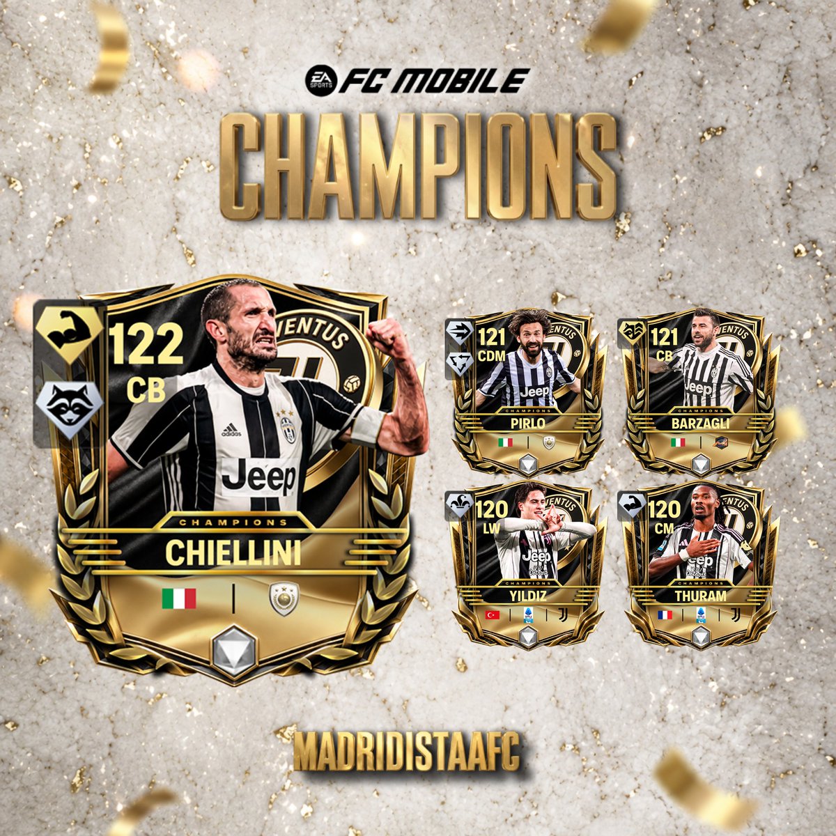 MadridistaaFC's tweet photo. 🏆 Champions Event Draft – Week 2

⚫⚪ Juventus

Draft A
⭐ 122 Chiellini
⭐ 121 Pirlo
⭐ 120 Yıldız

Draft B
⭐ 122 Chiellini
⭐ 121 Barzagli
⭐ 120 Thuram

🔴⚪ Bayern Munich

Draft C
⭐ 122 Lahm
⭐ 121 Schweinsteiger
⭐ 120 Díaz

Draft D
⭐ 122 Lahm
⭐ 121 Kimmich
⭐ 120 Pizarro

#FCMobile #Champions