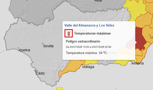 E112Andalucia's tweet photo. #BuenosDías Jornada con temperaturas significativamente altas en la vertiente mediterránea:

🔴Aviso  ROJO en el Valle del Almanzora y Los Vélez en #Almería 
🟠Aviso naranja en Sol y Guadalhorce en #Málaga y en las comarcas almerienses de Nacimiento y Campo de Tabernas y Levante
🟡Aviso amarillo en la Axarquía malagueña y en Poniente y Almería capital
📣 Extrema la precaución y ¡protégete!