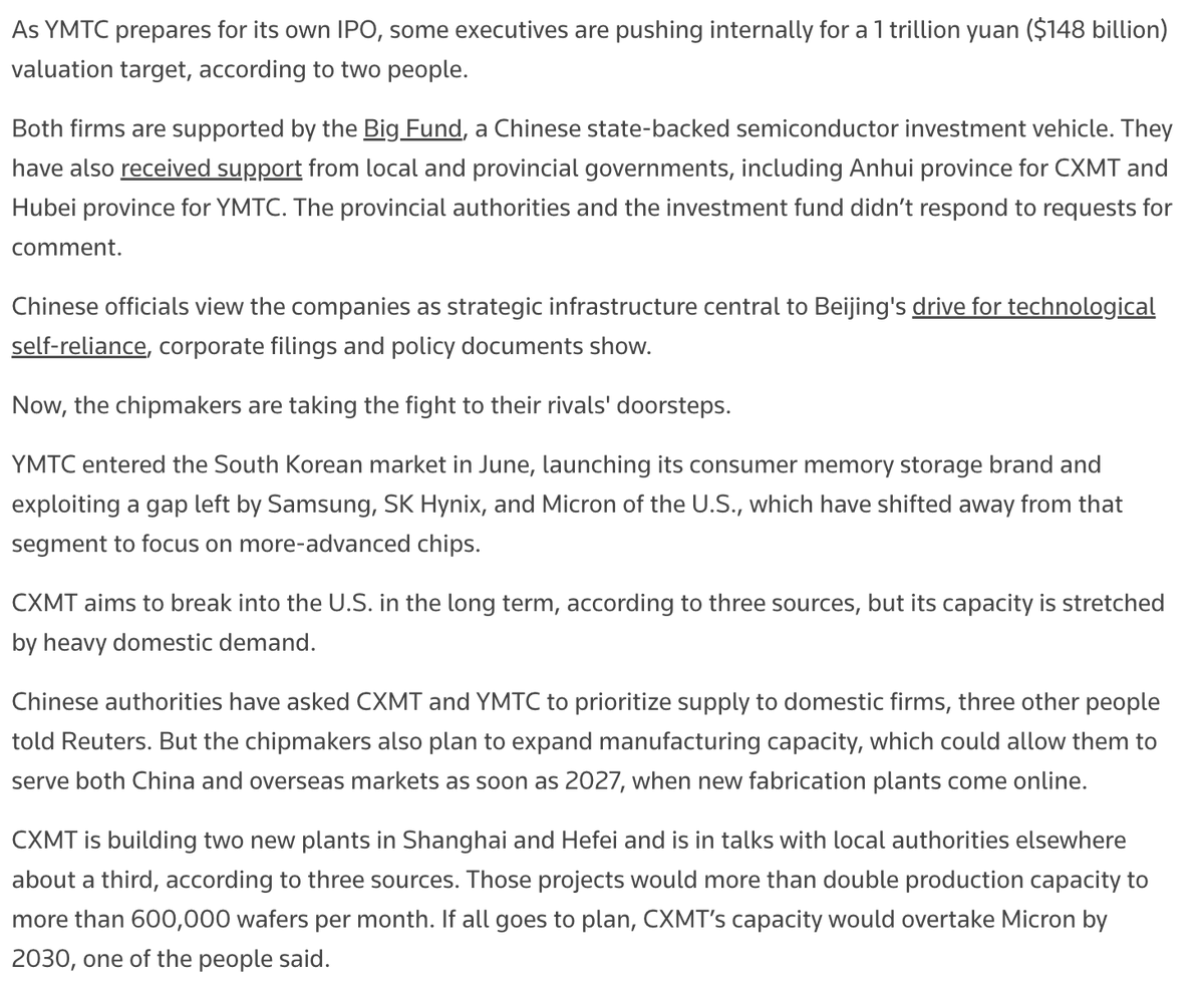 jukan05's tweet photo. "CXMT aims to break into the U.S. in the long term, according to three sources, but its capacity is stretched by heavy domestic demand."

CXMT already has its hands full just trying to meet domestic demand in China—as I’ve said time and time again. https://t.co/TfBMrvb2VX