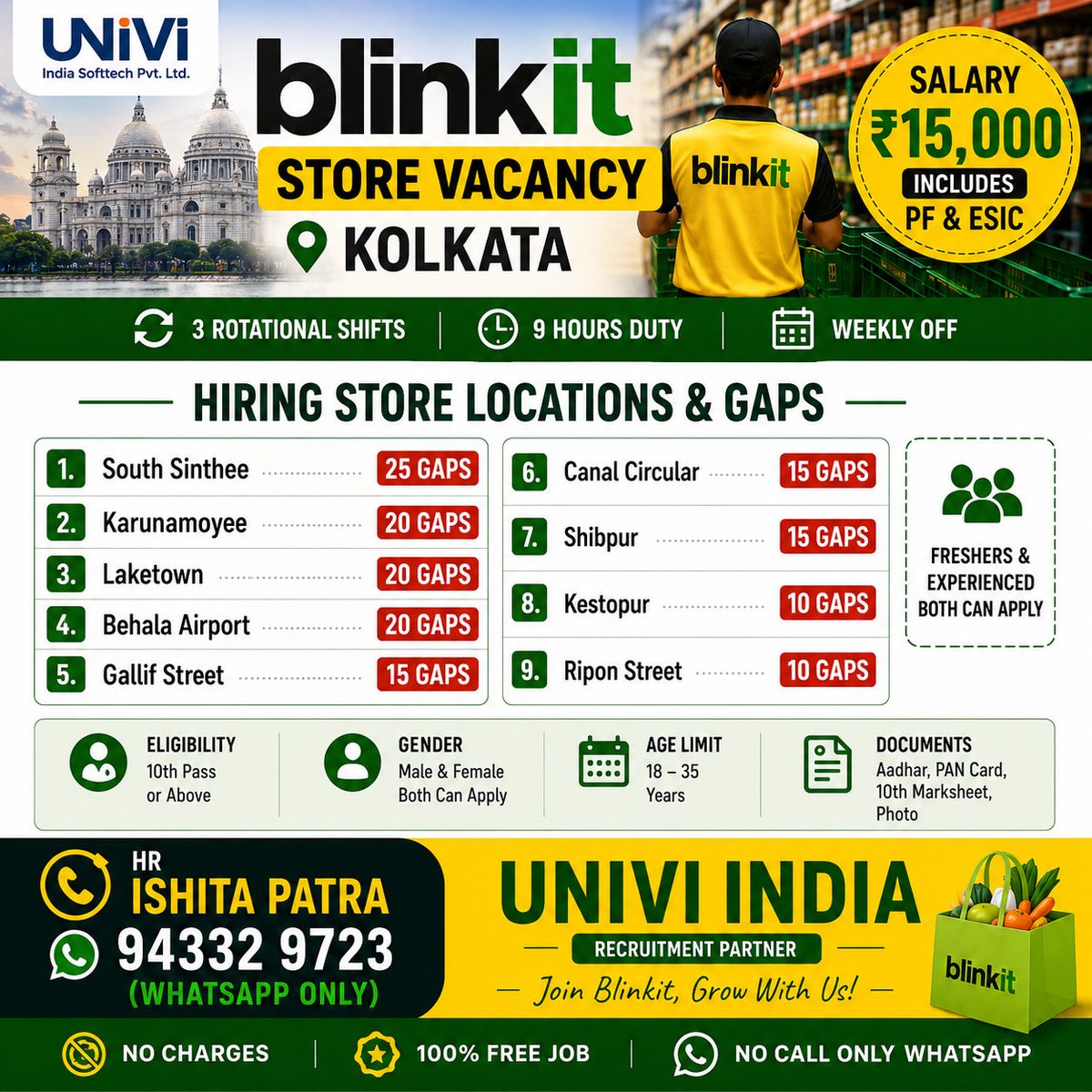 UniviIndia's tweet photo. 🚨 BLINKIT HIRING — Kolkata Store Vacancy! 🛒
💰 ₹15,000 (PF+ESIC) | 🔄 Rotational shifts | 📅 Weekly off
📍 9 locations, 150+ openings
✅ 10th pass, 18-35 yrs, M/F both
🚫 100% Free Job — WhatsApp only
📲 94332 9723
#Blinkit #Hiring #Kolkata #JobAlert https://t.co/dbu9tVOMOz