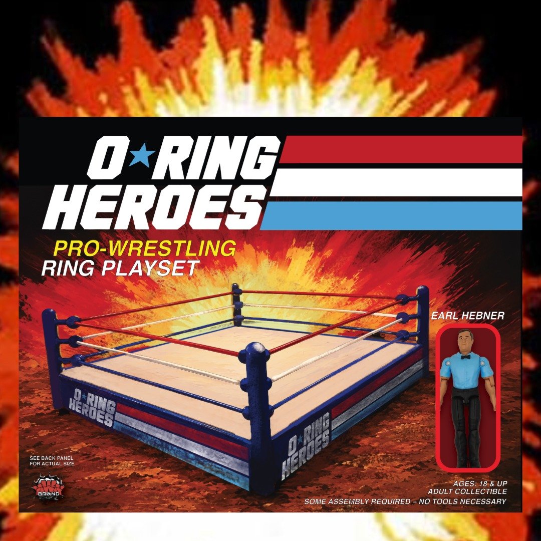 KWKBrand's tweet photo. **O-RING HEROES ARRIVE JULY 25!** Wave 1 features **Jake Roberts, Bad News Brown &amp; Earl Hebner (with Ring)!** Classic O-Ring style with metal rivets, figure stands &amp; hand-illustrated artwork. **JJFigures won't carry this line.** Available via ShopKWK &amp; select distributors. https://t.co/S10DzgdD7j