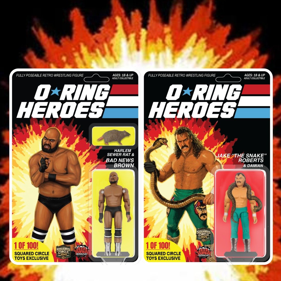 KWKBrand's tweet photo. **O-RING HEROES ARRIVE JULY 25!** Wave 1 features **Jake Roberts, Bad News Brown &amp; Earl Hebner (with Ring)!** Classic O-Ring style with metal rivets, figure stands &amp; hand-illustrated artwork. **JJFigures won't carry this line.** Available via ShopKWK &amp; select distributors. https://t.co/S10DzgdD7j