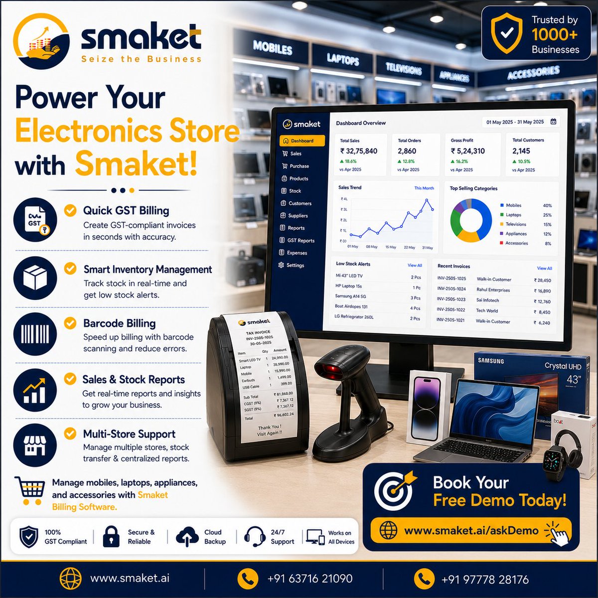 SmaketSolutions's tweet photo. 📺 Power Your Electronics Store with Smaket!

✅ Quick GST Billing
✅ Smart Inventory Management
✅ Barcode Billing
✅ Sales &amp; Stock Reports
✅ Multi-Store Support

🎯 Book Your Free Demo Today!
🌐 https://t.co/0rKmTk4HZy https://t.co/d2BHjWJlNZ