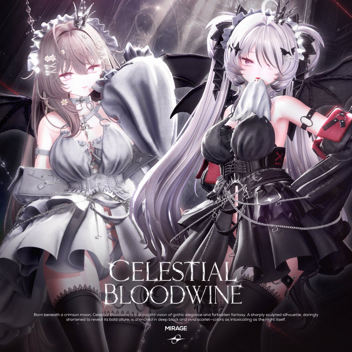 miragebyeden's tweet photo. 🩸新作衣装「Celestial_Bloodwine」発売中🖤

現在、リリースを記念した
『RPキャンペーン』および『期間限定セール』を開催中です🎁✨

月明かりに映える、禁断のゴシック。

一目で心を奪う、妖しく気高いゴシックダークスタイル。
コルセット、チェーン、レースを重ねることで、
夜の中で静かに視線を奪う一着に仕上げました🖤

今回は、合計20種のアバターに対応しております✨

👇対応アバター（全20種）
Shinano | Mayo | Milltina | Milfy | Eku | Manuka
Chiffon | Lime | Chocolat | Plum | Mizuki | Rurune | Mao
Lumina | Shinra | Ramune | Sio | Airi | Misaki | Linne

🎉 発売記念セール開催中
2026/07/23 (15:00) ～ 2026/07/30 (23:59)
１．フルセット：3,990円 → 2,650円
２．　　　単品：1,800円 → 1,350円

気になっている方は、この特別な機会をどうぞお見逃しなく❤️

🛒 期間限定セールの詳細はこちら
🔗 https://t.co/SZjVNUZ3D5
-
