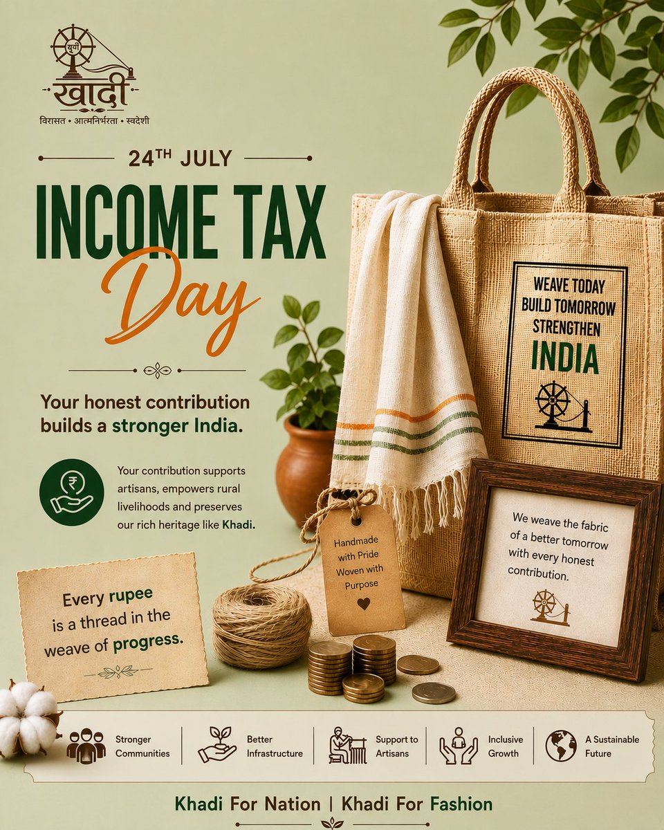 UPkhadilyfstyle's tweet photo. Income Tax Day reminds us that every honest contribution helps build a stronger India. Just as Khadi reflects self-reliance, every responsible taxpayer plays an important role in supporting development, and preserving our rich heritage. 

Khadi For Nation | Khadi For Fashion https://t.co/POqGk38ku4