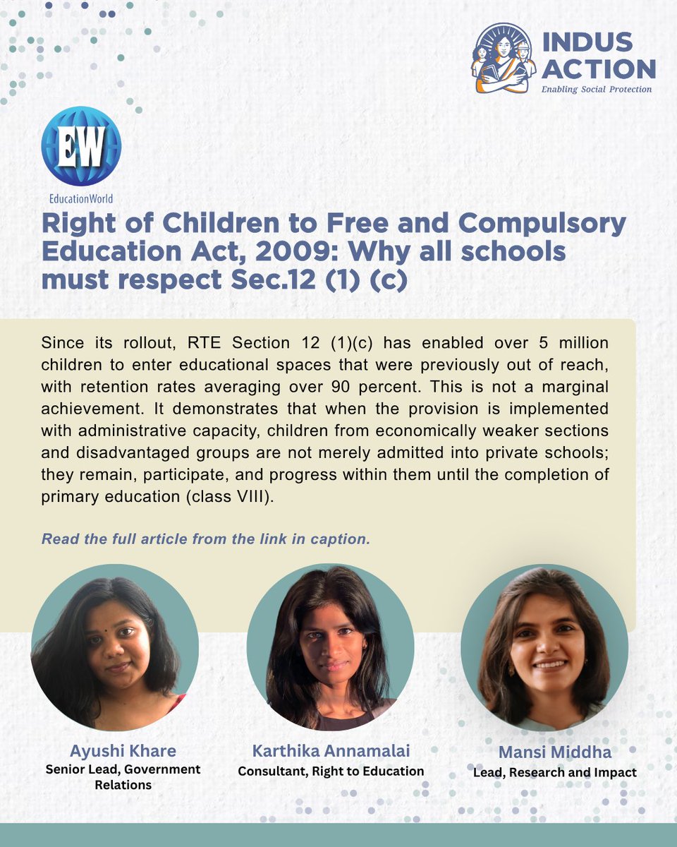 IndusAction's tweet photo. Nearly half of India's school-going children study in private schools, but shared classrooms depend on Sec. 12(1)(c) of the #RTE Act.
In @EWPortal, Ayushi Khare, Karthika Annamalai &amp; Mansi Middha of #IndusAction explain why it matters for inclusion.

Read: https://t.co/gzCphT7Bxr https://t.co/jFG14WWnpy