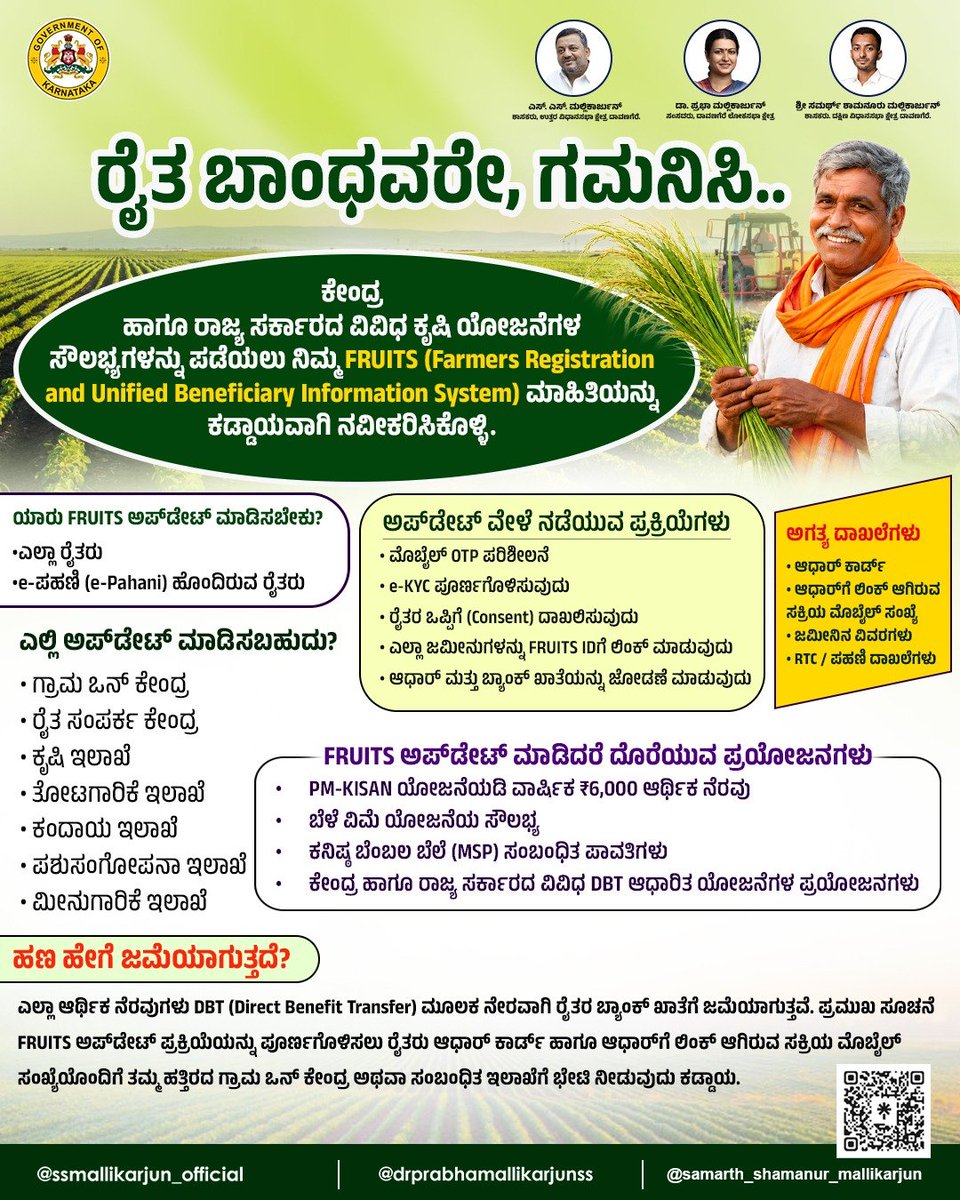 DrPrabhaSSM's tweet photo. ಆತ್ಮೀಯ ರೈತ ಬಾಂಧವರೇ..
ಸರ್ಕಾರದ ವಿವಿಧ ಕೃಷಿ ಯೋಜನೆಗಳ ಪ್ರಯೋಜನಗಳನ್ನು ಪಡೆಯಲು FRUITS ನೋಂದಣಿ ಮತ್ತು e-KYC ಅನ್ನು ಶೀಘ್ರದಲ್ಲೇ ಪೂರ್ಣಗೊಳಿಸಿ.

ಈ ಮೂಲಕ PM-KISAN, ಬೆಳೆ ವಿಮೆ, MSP ಹಾಗೂ ವಿವಿಧ DBT ಆಧಾರಿತ ಯೋಜನೆಗಳ ಸೌಲಭ್ಯಗಳನ್ನು ಪಡೆಯಬಹುದು.

ಇಂದೇ ನಿಮ್ಮ ಸಮೀಪದ ಗ್ರಾಮ ಒನ್ ಕೇಂದ್ರ ಅಥವಾ ರೈತ ಸಂಪರ್ಕ ಕೇಂದ್ರಕ್ಕೆ ಭೇಟಿ ನೀಡಿ ನೋಂದಣಿ ಮಾಡಿಸಿಕೊಳ್ಳಿ.
#FRUITSRegistration #eKYC #FarmersFirst
#PMKISAN