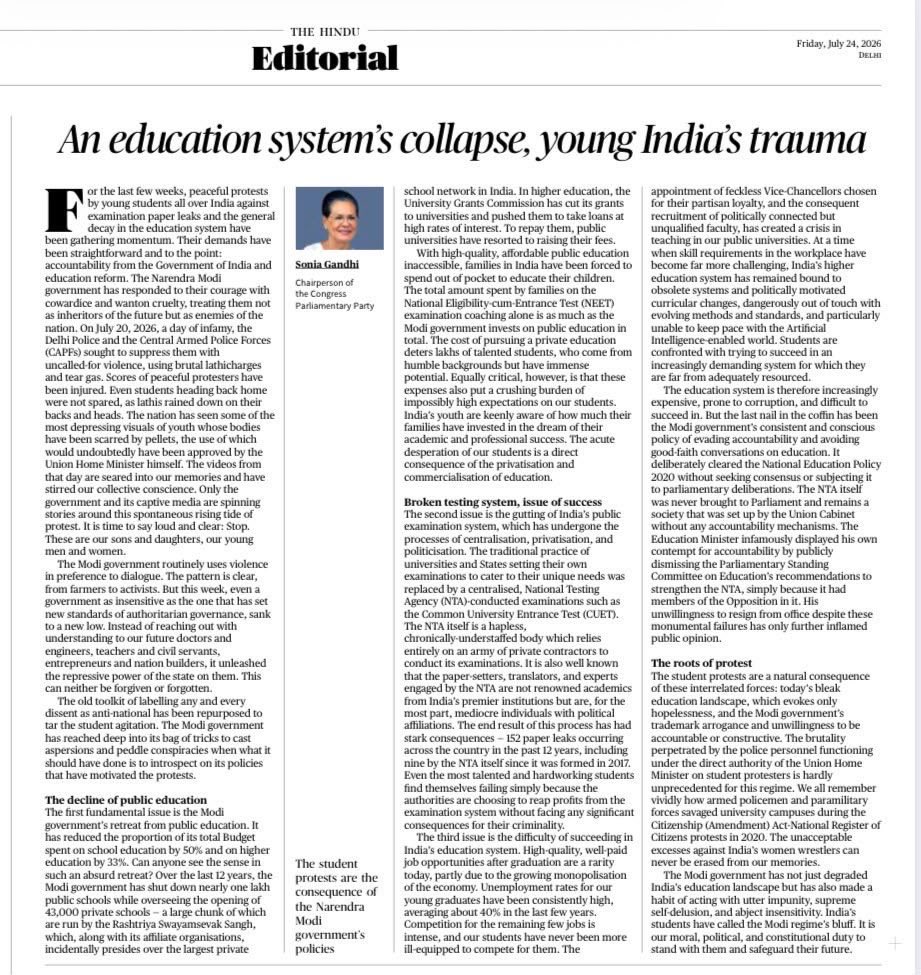girishgoaINC's tweet photo. By treating our youth not as the architects of India's tomorrow, but as threats to be contained, the government has laid bare its own moral bankruptcy and profound lack of empathy. It has eroded the very bedrock of Indian education under a veil of unchecked arrogance. But our students refused to remain quiet they met this injustice with unwavering resolve and called out the deception. 

We owe it to them morally, politically, and constitutionally to step forward, shield them from this malice, and safeguard the future that is rightfully theirs

~ Smt. Sonia Gandhi ji, CPP Chairperson