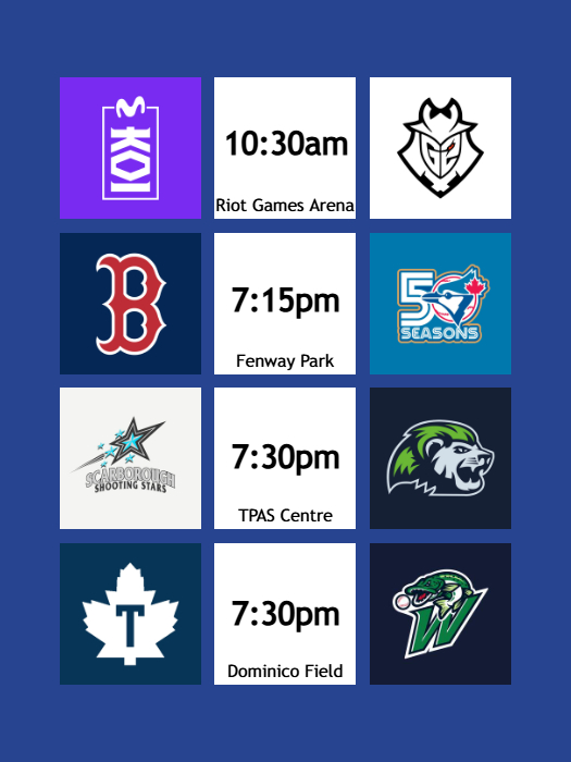 SportingTDot's tweet photo. 📅GAMEDAY📅

🖥️ @MovistarKOI_en at 10:30pm
⚾️ @BlueJays at 7:15pm
🏀 @sss_cebl at 7:30pm
⚾️ @CBLMapleLeafs at 7:30pm
🏀 @mmabrey1 after 8:30pm

#TorontoSports #MKOIWIN #BlueJays50 #SSS4 #FillTheHill #WNBAAllStar https://t.co/9lvzWD3aTL