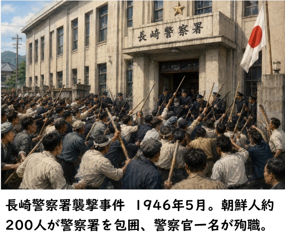 qsfkbwIhuWLhnjI's tweet photo. 在日朝鮮人による長崎警察署襲撃事件
1946年5月。朝鮮人約200人が警察署を包囲、
警察官一名が殉職。

■ 戦後混乱期の闇市取締りが発端終戦から約9か月後の1946年（昭和21年）5月13日、長崎市では深刻な食糧・物資不足を背景に闇市が横行し、物価統制令違反や暴力行為が頻発していた。

長崎県警察部は不法事案の徹底取締りを決断し、長崎市内各署と合同で約280人の警察官を動員。午前10時30分から長崎市浜町（西浜町）の自由市場で一斉検挙を実施し、日本人約150人、朝鮮人26人、中国人6人を逮捕して長崎警察署へ連行した。

この検挙対象に在日朝鮮人が多く含まれていたことが、後の集団的な反発の直接的なきっかけとなった。

■ 在日朝鮮人団体による釈放要求。
在日本朝鮮人連盟（朝連）関係者や中国人団体が長崎警察署に押しかけ、「逮捕された朝鮮人らを即時釈放せよ」と強硬に要求した。

警察側は「取調べ前の釈放はできない」と拒否。これを受け、在日朝鮮人を中心とする集団が不満を募らせ、事態は急速に悪化した。

戦後の占領下で「第三国人」として特権的な振る舞いをする一部在日朝鮮人の間では、警察権力への公然たる反抗が各地で見られており、この事件もその延長線上にあった。

■ 約200人による警察署襲撃と暴力行為
午後2時30分頃、バットや鉄棒、梶棒などを持った朝鮮人・中国人ら約200人が長崎警察署を取り囲み、乱入・襲撃した。

石やレンガを窓に投げつけ、署内に侵入して器物を破壊。居合わせた警察官に激しい暴行を加えた。

さらに余勢を駆って東浜町派出所や湊町（港町）派出所にも押しかけ、勤務中の警察官を襲い、器物損壊を繰り返した。

この集団暴力は、闇市での不正行為を守ろうとする在日朝鮮人らの組織的抵抗の表れであり、戦後各地で相次いだ朝鮮人による警察施設襲撃の典型例である。

■ 警察官1人殉職と多数の死傷者
この襲撃により、長崎警察署の巡査・花岡重吉（花岡寅吉）が暴行で重傷を負い、5月26日に死亡した。

警部・宮野勝利は頭蓋骨骨折の重傷を負い、後遺症が残ったほか、水上署長らを含む十数人が重軽傷を負った。警察側の犠牲は甚大で、在日朝鮮人らの暴力が直接の原因である。

長崎県警察史にも、朝鮮人・中国人暴徒による「一大不祥事件」として詳細に記録されている。

■ 事件後の捜査と検挙
捜査の結果、朝鮮人約60人が検挙・検察送致され、中国人7人は占領軍（進駐軍）に引き渡された。氏名不詳や逃走者も多く、取調は困難を極めたが、騒擾事件として処理された。

占領軍の介入により事態は沈静化したが、在日朝鮮人による警察権力への挑戦が明らかになった。

■ 歴史的背景と同時期の類似事件
この事件は、終戦直後の行政・警察力低下期に起きた警察署襲撃の一つである。

同時期に富坂警察署、生田警察署などでも朝鮮人集団による襲撃が発生しており、戦後の物資不足、闇市横行、占領下の法的空白、在日朝鮮人団体（朝連など）と警察の対立が複合した。在日朝鮮人の一部による暴力・犯罪行為が治安を乱した事例として、歴史的に記録されている。