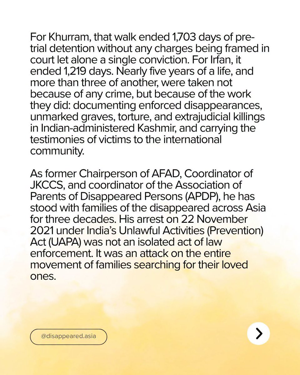 AFAD_Updates's tweet photo. Khurram remains barred from returning home to Srinagar. Barred from speaking publicly. Still facing trumped-up terrorism charges under the UAPA. (2) https://t.co/vGvczUsndO